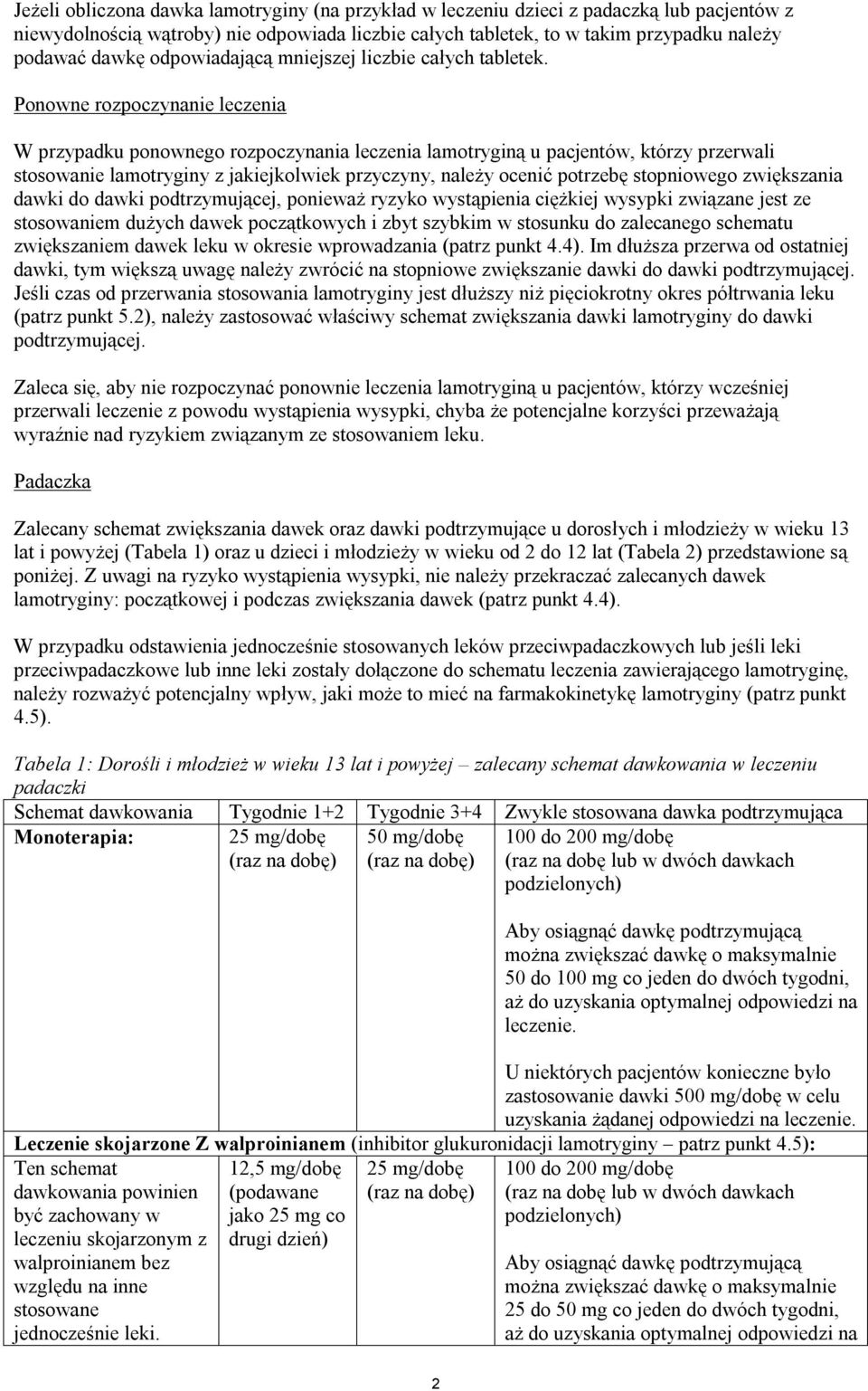 Ponowne rozpoczynanie leczenia W przypadku ponownego rozpoczynania leczenia lamotryginą u pacjentów, którzy przerwali stosowanie lamotryginy z jakiejkolwiek przyczyny, należy ocenić potrzebę