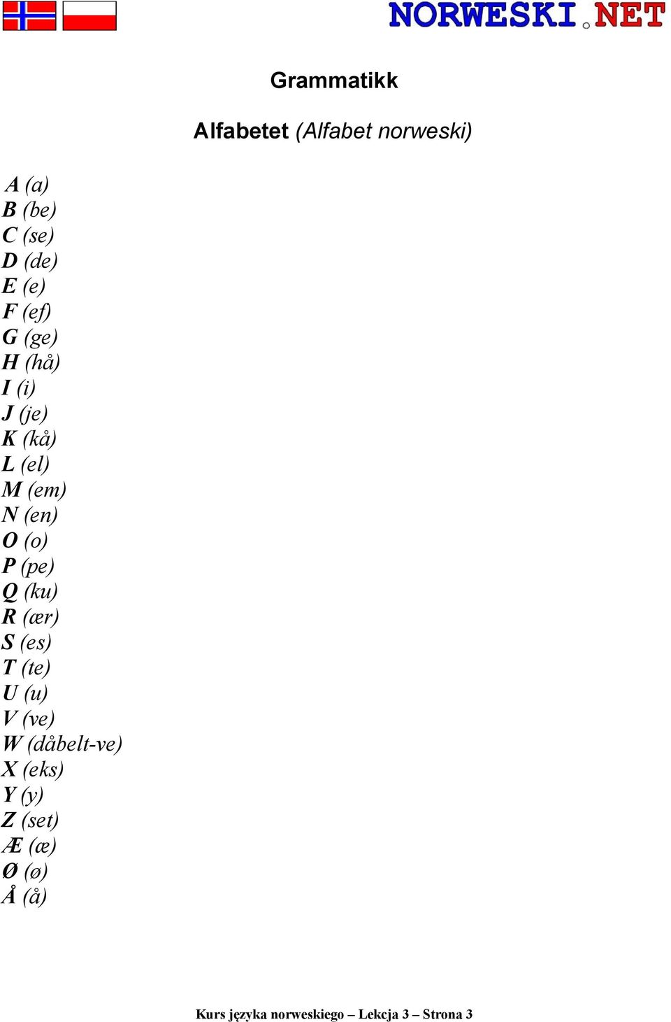 (o) P (pe) Q (ku) R (ær) S (es) T (te) U (u) V (ve) W (dåbelt-ve) X