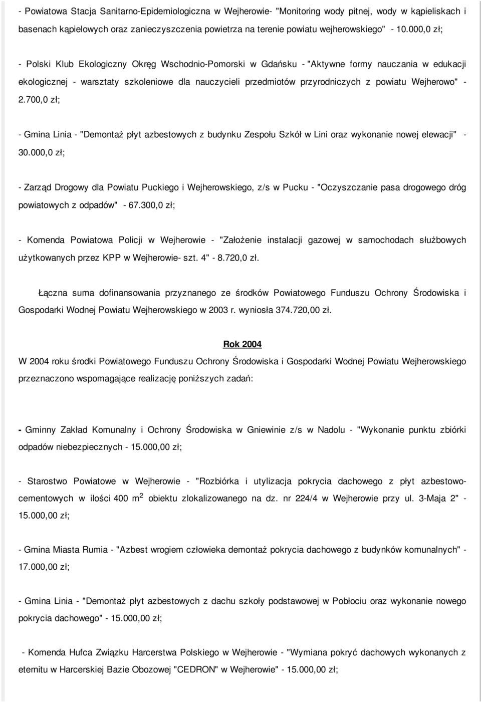 Wejherowo" - 2.700,0 zł; - Gmina Linia - "Demontaż płyt azbestowych z budynku Zespołu Szkół w Lini oraz wykonanie nowej elewacji" - 30.