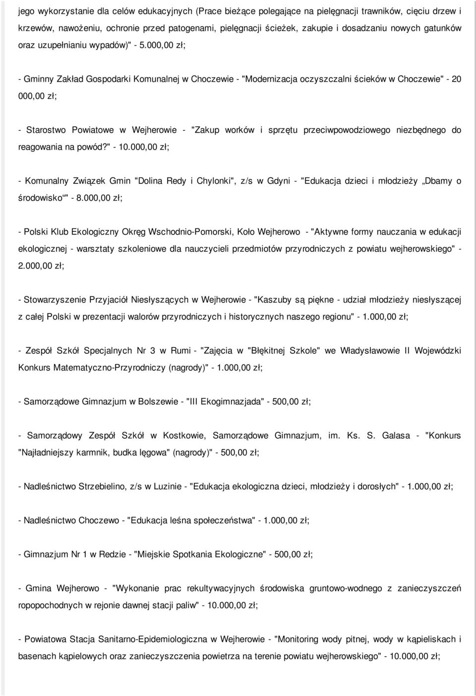 000,00 zł; - Gminny Zakład Gospodarki Komunalnej w Choczewie - "Modernizacja oczyszczalni ścieków w Choczewie" - 20 000,00 zł; - Starostwo Powiatowe w Wejherowie - "Zakup worków i sprzętu