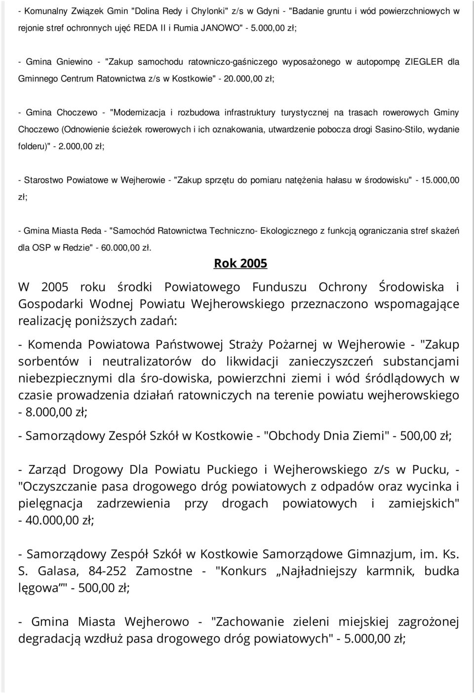 000,00 zł; - Gmina Choczewo - "Modernizacja i rozbudowa infrastruktury turystycznej na trasach rowerowych Gminy Choczewo (Odnowienie ścieżek rowerowych i ich oznakowania, utwardzenie pobocza drogi