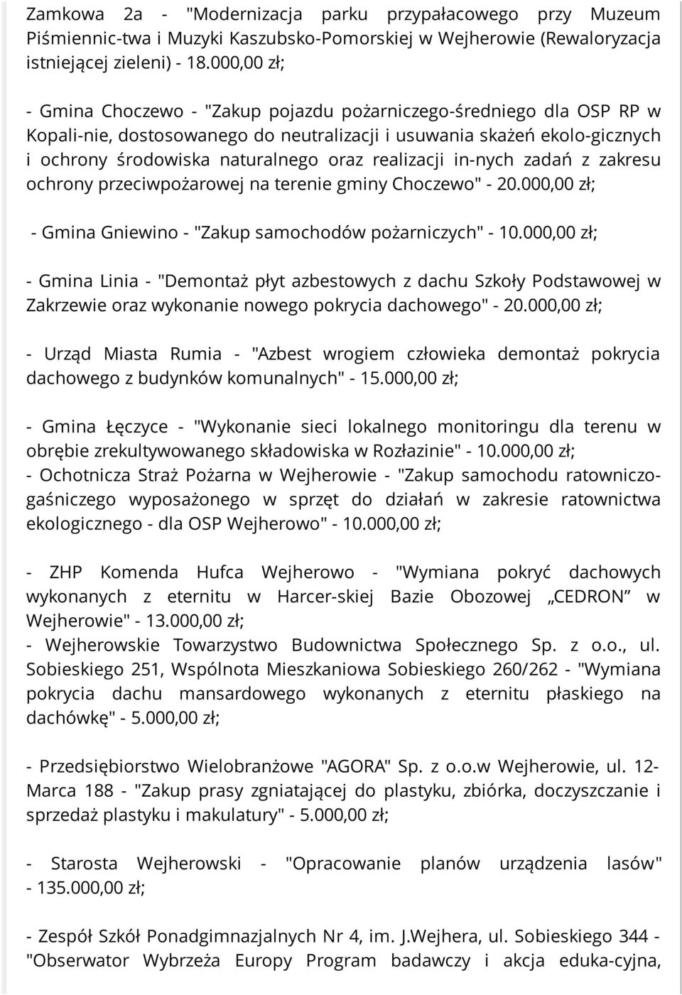 realizacji in-nych zadań z zakresu ochrony przeciwpożarowej na terenie gminy Choczewo" - 20.000,00 zł; - Gmina Gniewino - "Zakup samochodów pożarniczych" - 10.