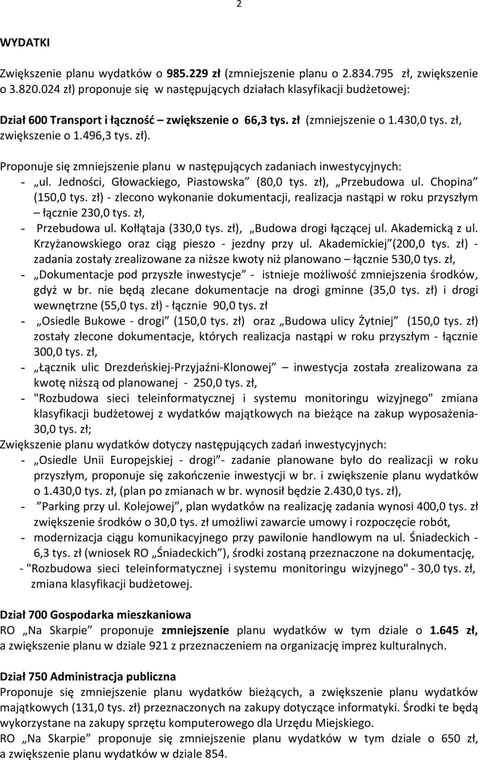 Jedności, Głowackiego, Piastowska (80,0 tys. zł), Przebudowa ul. Chopina (150,0 tys. zł) - zlecono wykonanie dokumentacji, realizacja nastąpi w roku przyszłym łącznie 230,0 tys. zł, - Przebudowa ul.