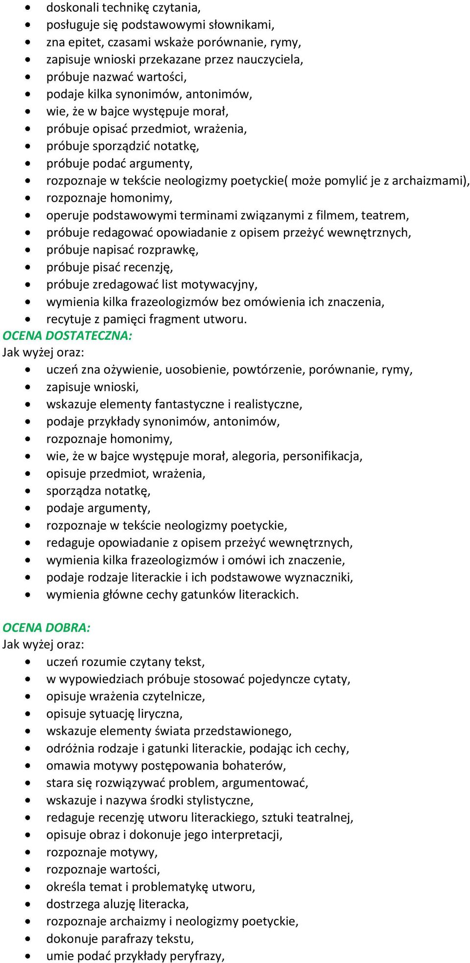 je z archaizmami), rozpoznaje homonimy, operuje podstawowymi terminami związanymi z filmem, teatrem, próbuje redagować opowiadanie z opisem przeżyć wewnętrznych, próbuje napisać rozprawkę, próbuje