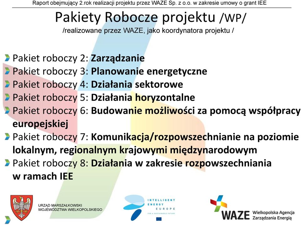 roboczy 6: Budowanie możliwości za pomocą współpracy europejskiej Pakiet roboczy 7: Komunikacja/rozpowszechnianie na