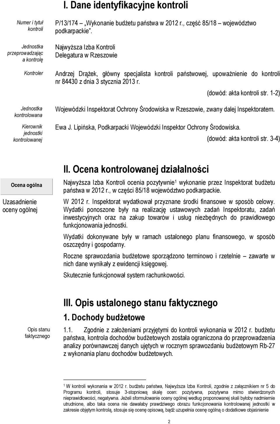 Najwyższa Izba Kontroli Delegatura w Rzeszowie Andrzej Drążek, główny specjalista kontroli państwowej, upoważnienie do kontroli nr 84430 z dnia 3 stycznia 2013 r. (dowód: akta kontroli str.