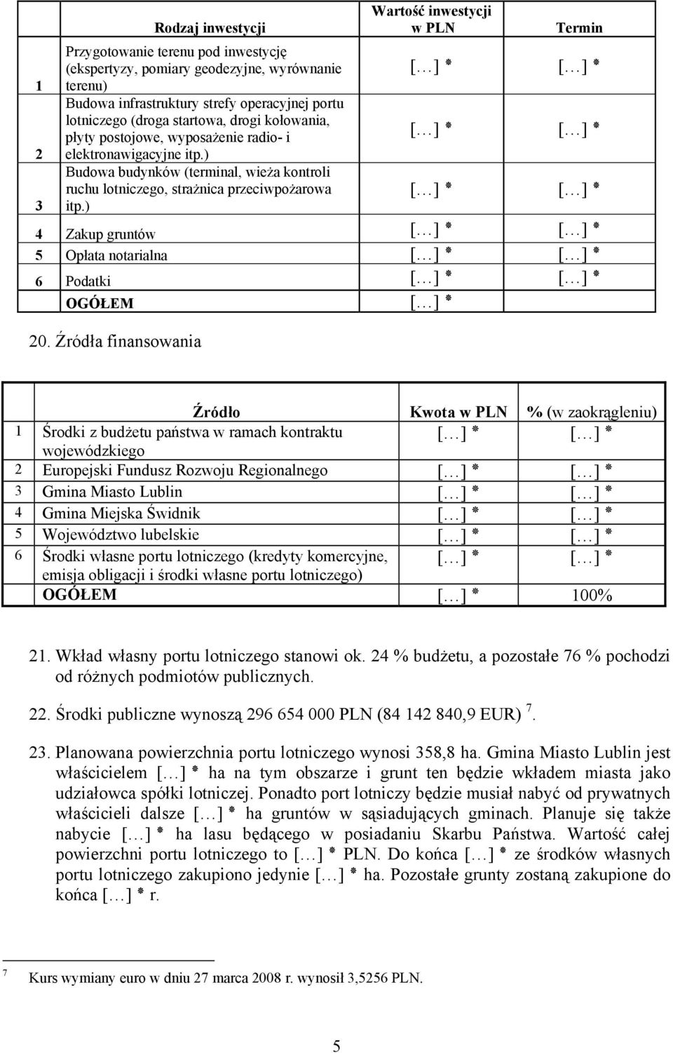 ) Wartość inwestycji w PLN Termin 4 gruntów Zakup 5 notarialna Opłata 6 Podatki OGÓŁEM 20.
