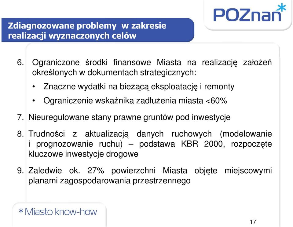 eksploatację i remonty Ograniczenie wskaźnika zadłuŝenia miasta <60% 7. Nieuregulowane stany prawne gruntów pod inwestycje 8.