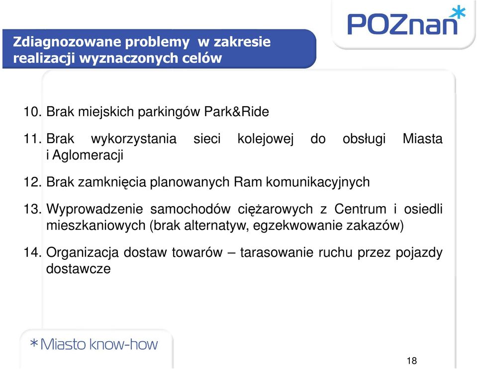 Brak wykorzystania sieci kolejowej do obsługi Miasta i Aglomeracji 12.