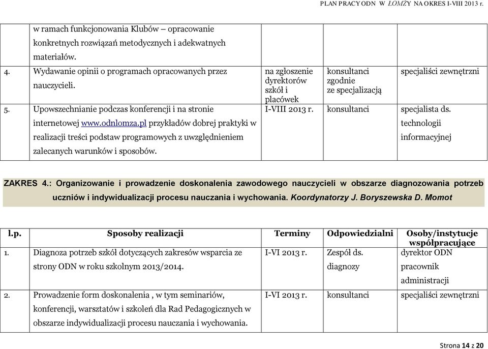 na zgłoszenie dyrektorów szkół i placówek konsultanci zgodnie ze specjalizacją specjaliści zewnętrzni I-VIII 2013 r. konsultanci specjalista ds. technologii informacyjnej ZAKRES 4.