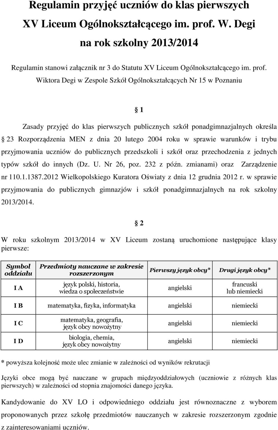 Wiktora Degi w Zespole Szkół Ogólnokształcących Nr 15 w Poznaniu 1 Zasady przyjęć do klas pierwszych publicznych szkół ponadgimnazjalnych określa 23 Rozporządzenia MEN z dnia 20 lutego 2004 roku w