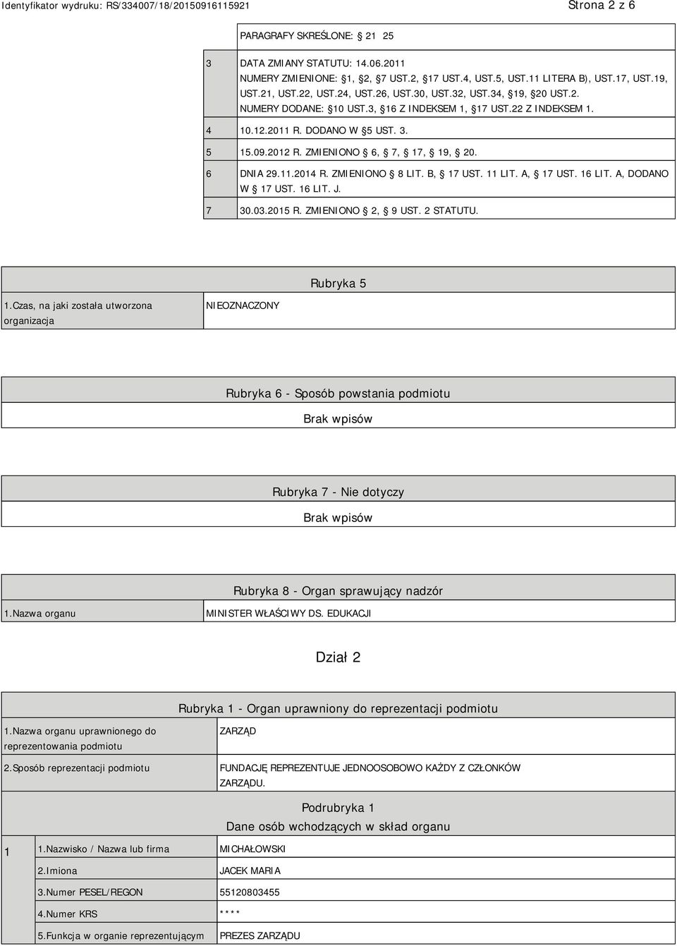 ZMIENIONO 8 LIT. B, 17 UST. 11 LIT. A, 17 UST. 16 LIT. A, DODANO W 17 UST. 16 LIT. J. 7 30.03.2015 R. ZMIENIONO 2, 9 UST. 2 STATUTU. Rubryka 5 1.