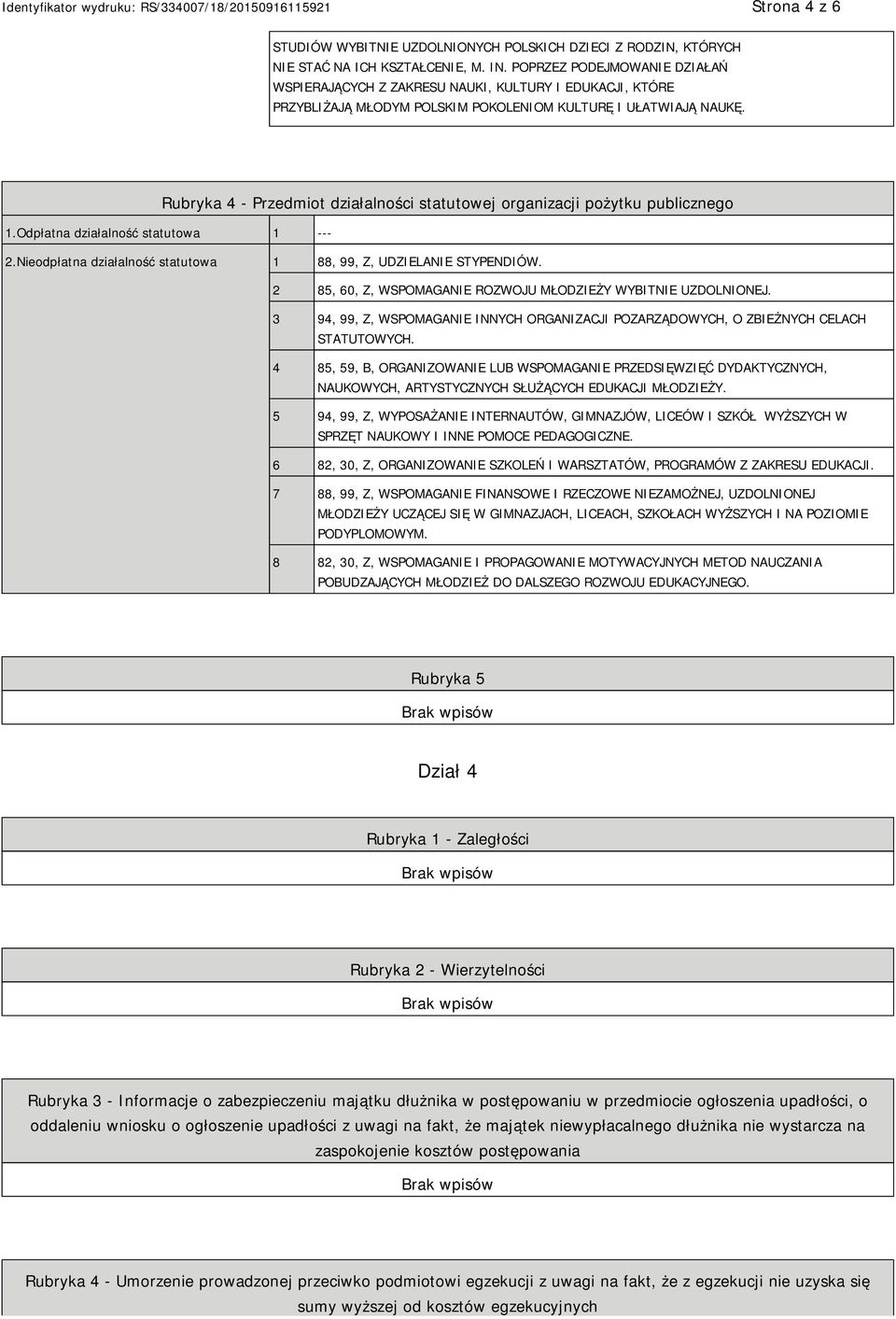 Rubryka 4 - Przedmiot działalności statutowej organizacji pożytku publicznego 1.Odpłatna działalność statutowa 1 --- 2.Nieodpłatna działalność statutowa 1 88, 99, Z, UDZIELANIE STYPENDIÓW.