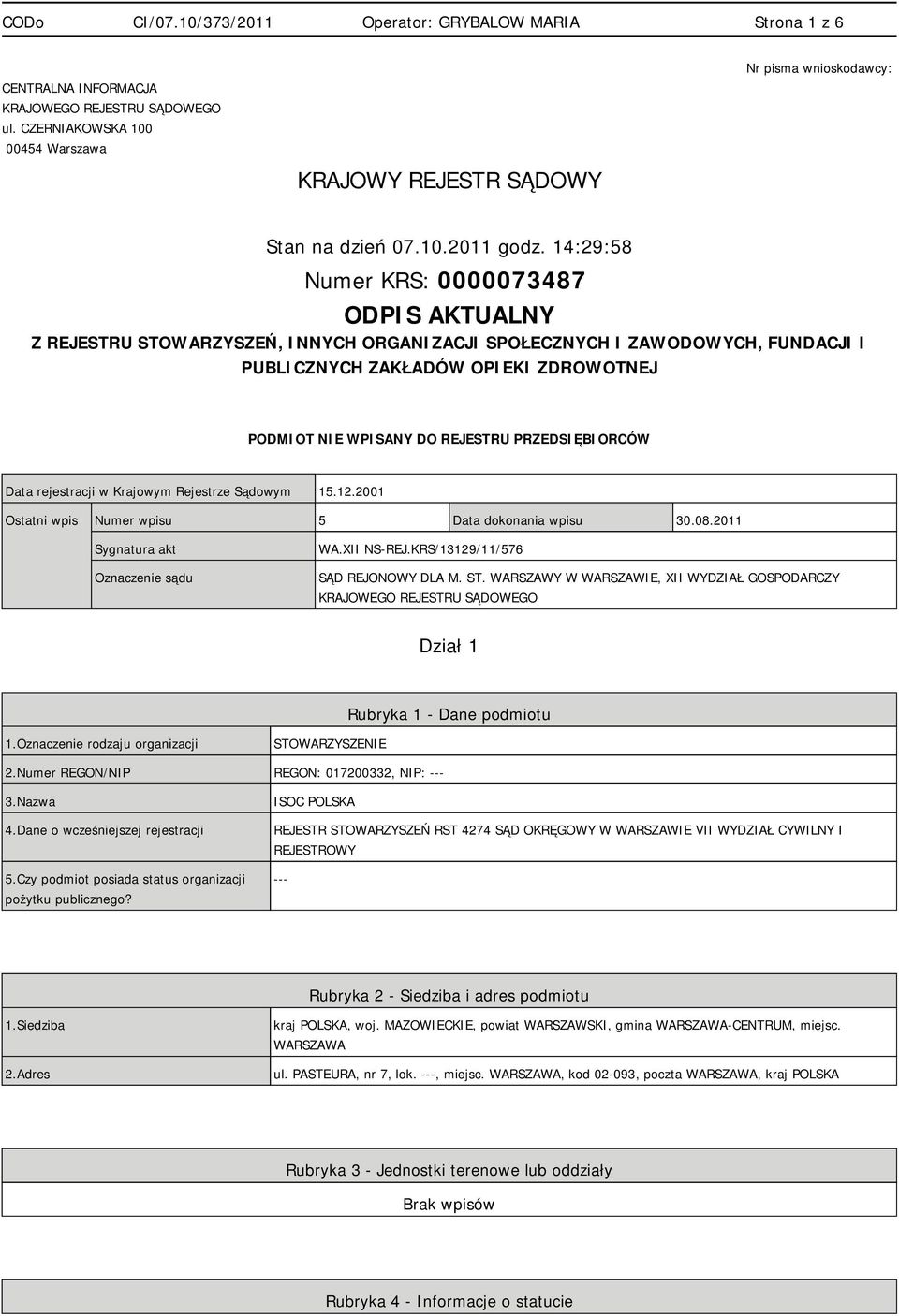 PRZEDSIĘBIORCÓW Data rejestracji w Krajowym Rejestrze Sądowym 15.12.2001 Ostatni wpis Numer wpisu 5 Data dokonania wpisu 30.08.2011 Sygnatura akt Oznaczenie sądu WA.XII NS-REJ.