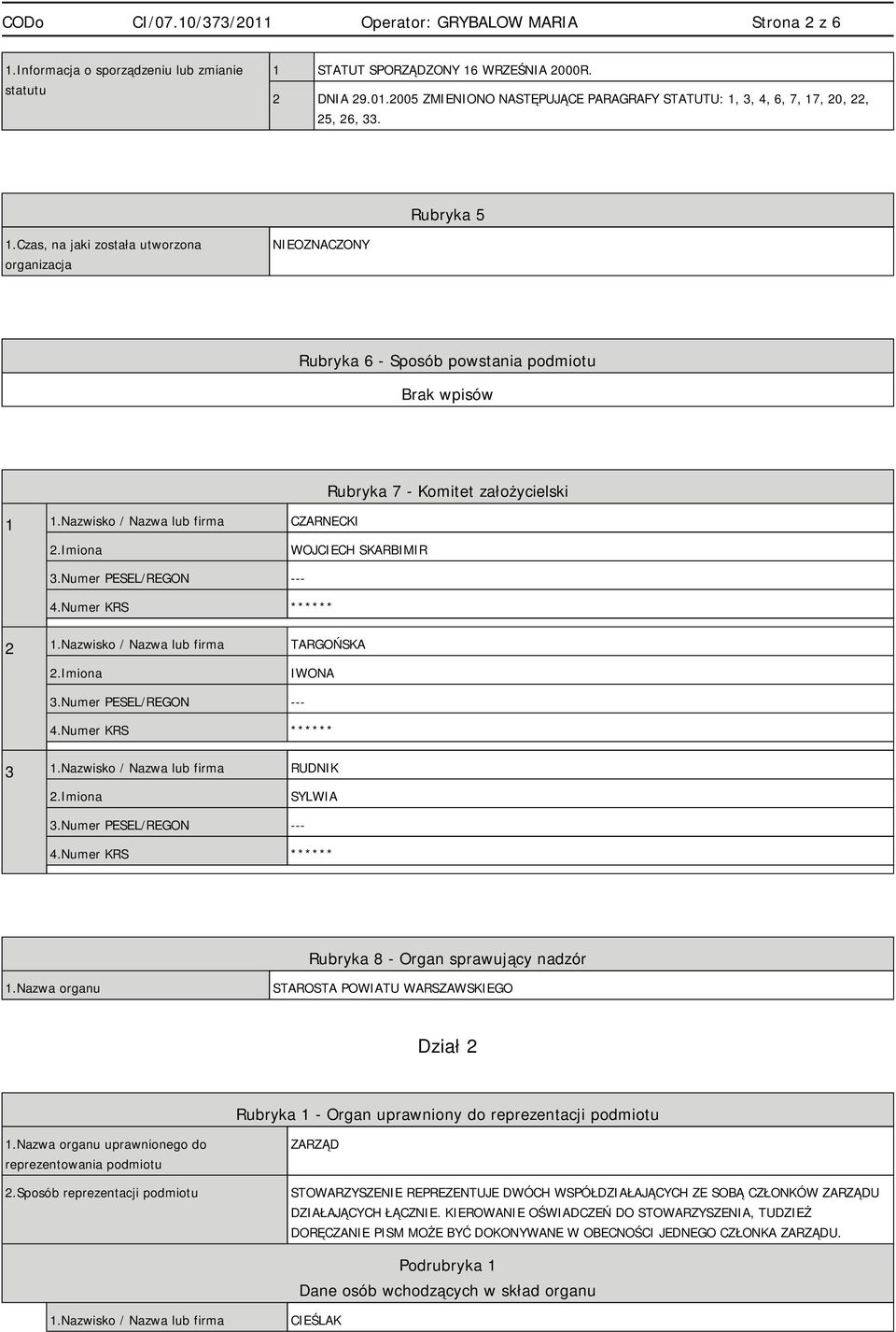 Nazwisko / Nazwa lub firma CZARNECKI Rubryka 7 - Komitet założycielski WOJCIECH SKARBIMIR 3.Numer PESEL/REGON --- ** 2 1.Nazwisko / Nazwa lub firma TARGOŃSKA IWONA 3.Numer PESEL/REGON --- ** 3 1.