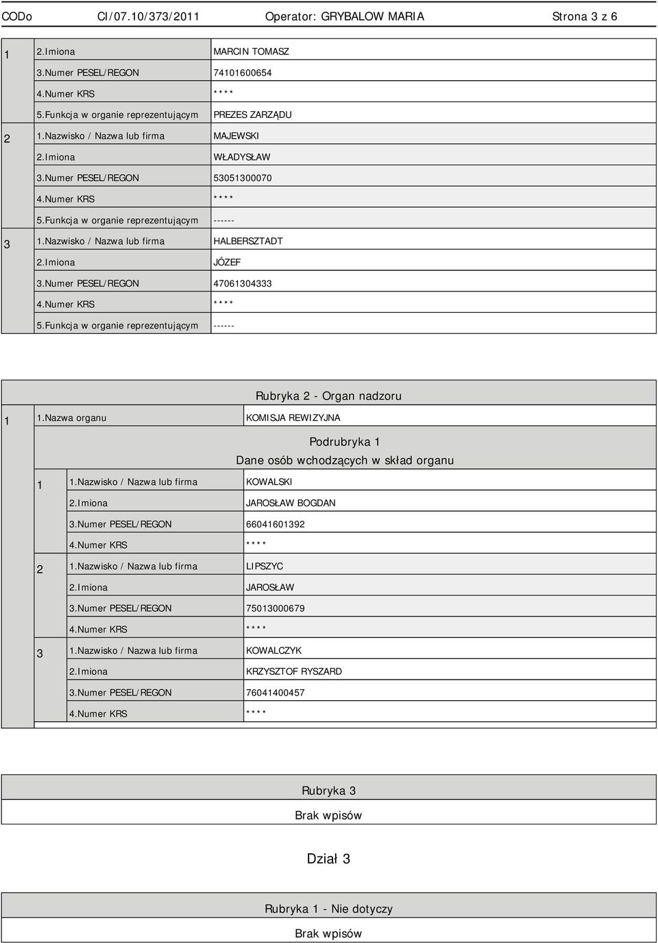 Funkcja w organie reprezentującym ------ Rubryka 2 - Organ nadzoru 1 1.Nazwa organu KOMISJA REWIZYJNA Podrubryka 1 Dane osób wchodzących w skład organu 1 1.