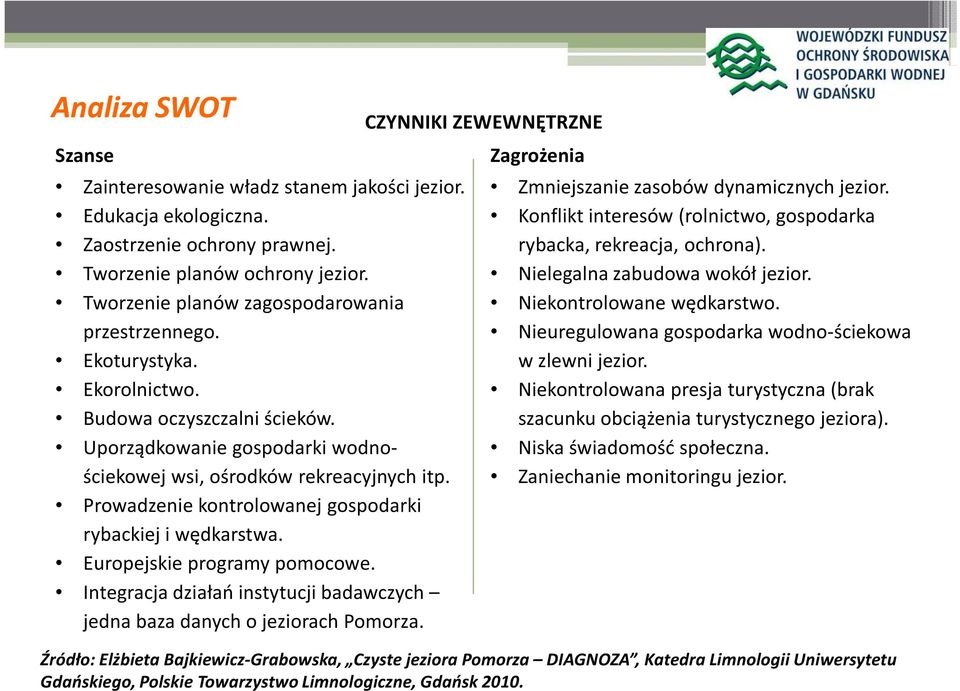 Europejskie programy pomocowe. Integracja działań instytucji badawczych jedna baza danych o jeziorach Pomorza. CZYNNIKI ZEWEWNĘTRZNE Zagrożenia Zmniejszanie zasobów dynamicznych jezior.