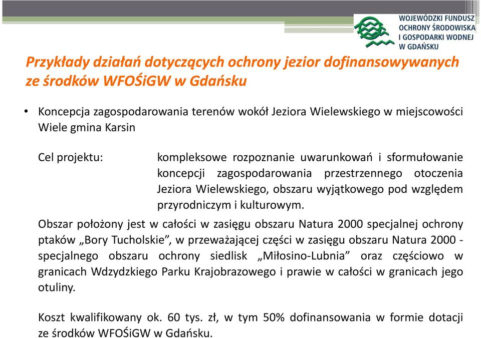 Obszar położony jest w całości w zasięgu obszaru Natura 2000 specjalnej ochrony ptaków Bory Tucholskie, w przeważającej części w zasięgu obszaru Natura 2000 - specjalnego obszaru ochrony siedlisk