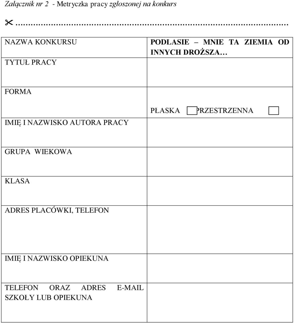 NAZWISKO AUTORA PRACY PŁASKA PRZESTRZENNA GRUPA WIEKOWA KLASA ADRES
