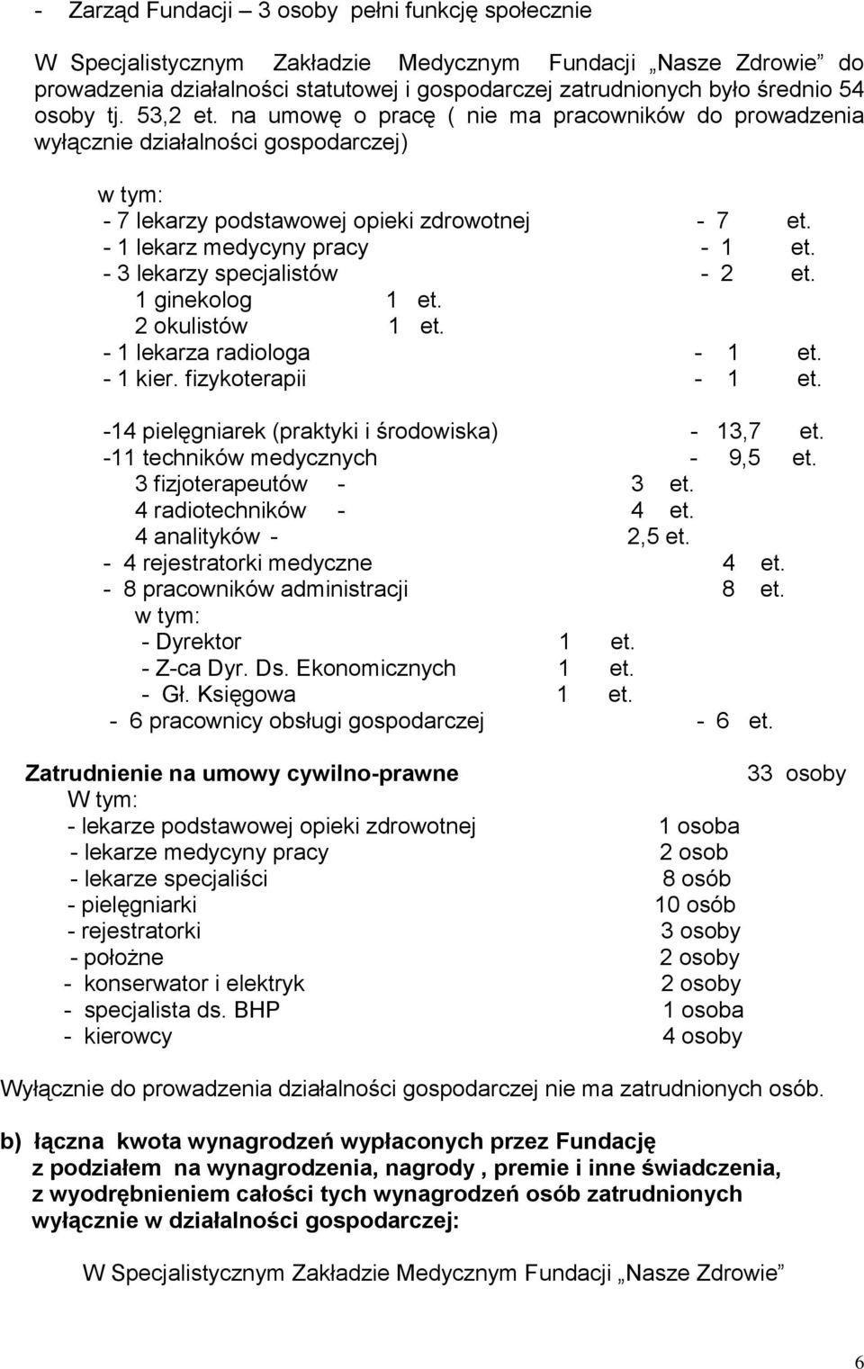 - 3 lekarzy specjalistów - 2 et. 1 ginekolog 1 et. 2 okulistów 1 et. - 1 lekarza radiologa - 1 et. - 1 kier. fizykoterapii - 1 et. -14 pielęgniarek (praktyki i środowiska) - 13,7 et.