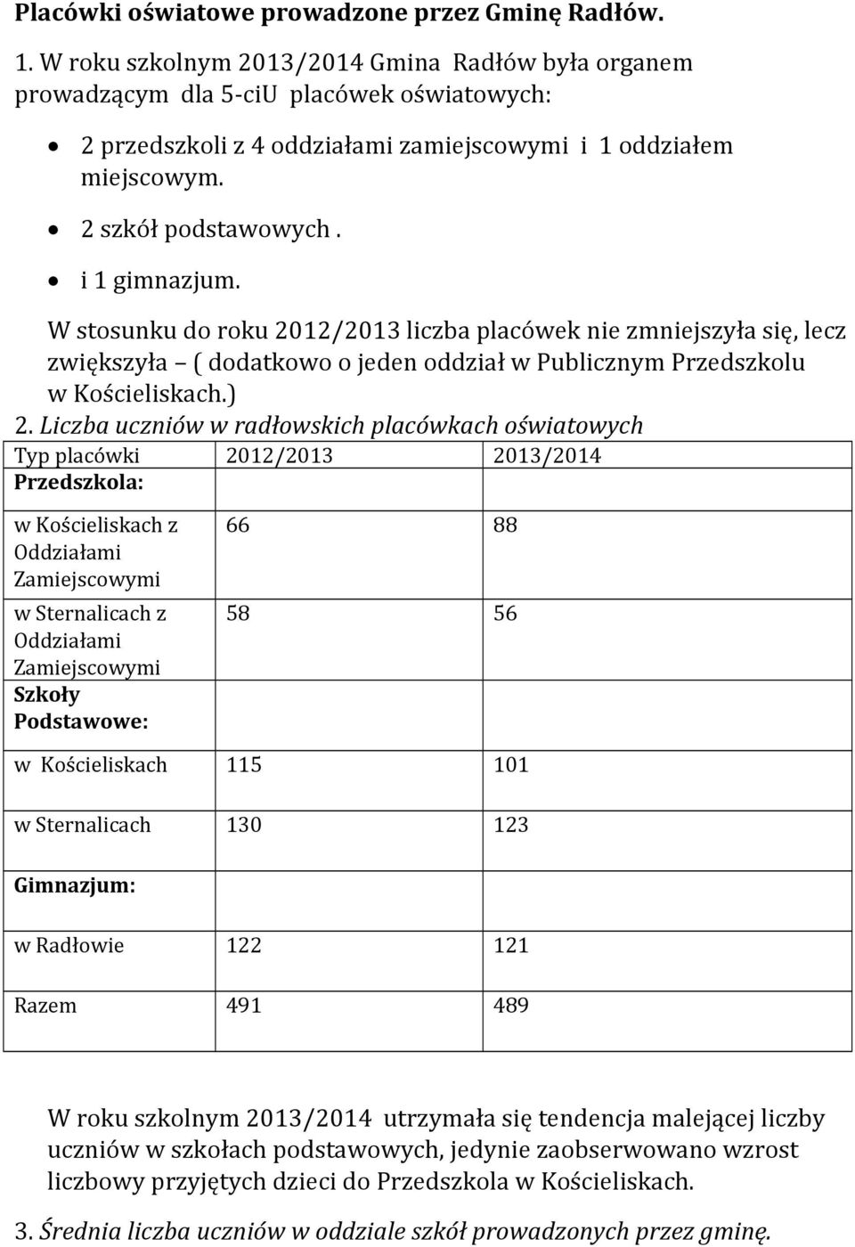 i 1 gimnazjum. W stosunku do roku 2012/2013 liczba placówek nie zmniejszyła się, lecz zwiększyła ( dodatkowo o jeden oddział w Publicznym Przedszkolu w Kościeliskach.) 2.