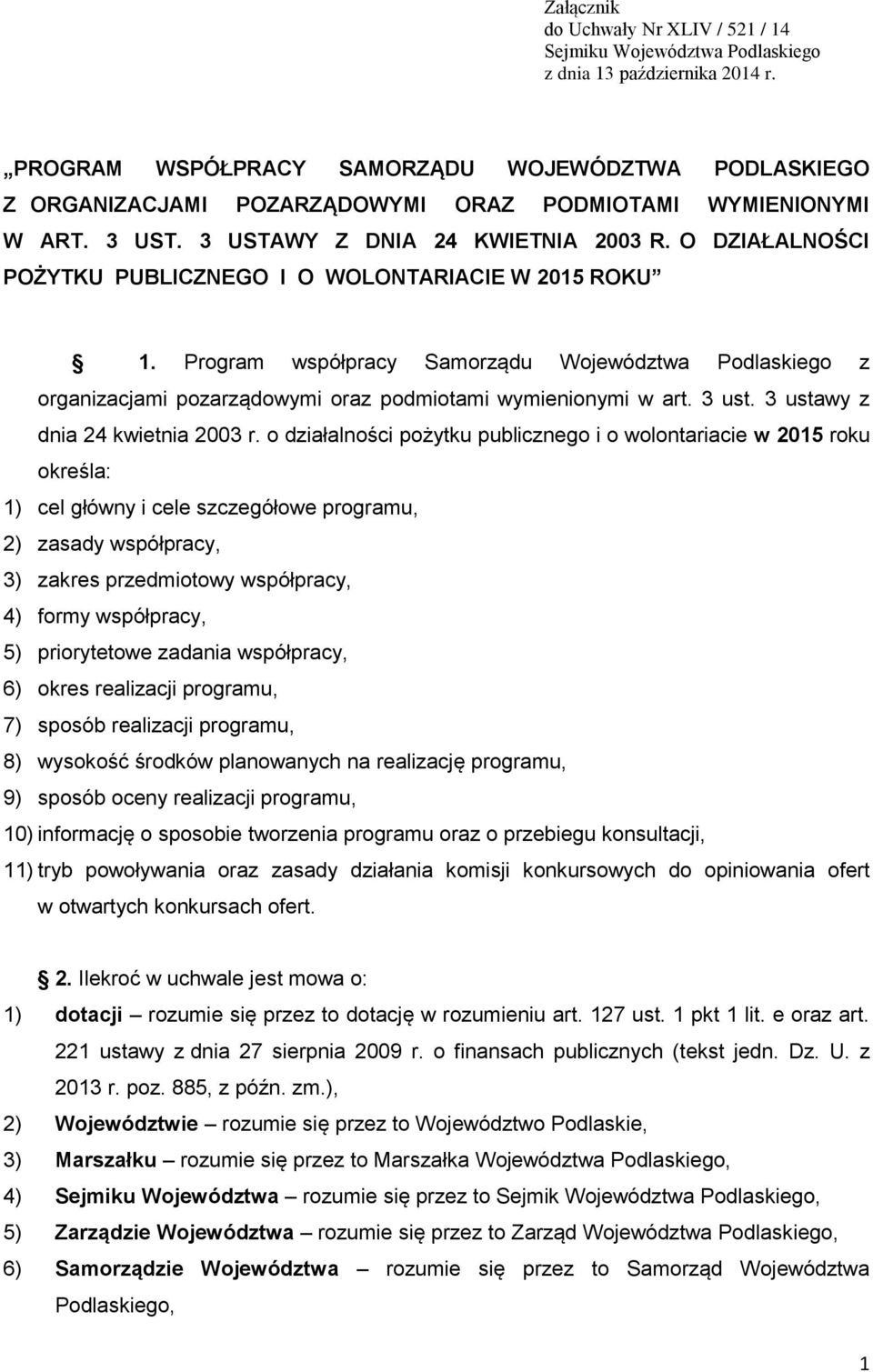 O DZIAŁALNOŚCI POŻYTKU PUBLICZNEGO I O WOLONTARIACIE W 2015 ROKU 1. Program współpracy Samorządu Województwa Podlaskiego z organizacjami pozarządowymi oraz podmiotami wymienionymi w art. 3 ust.