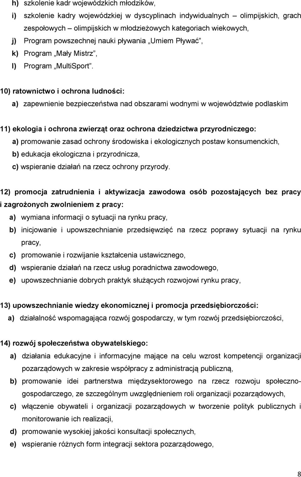 10) ratownictwo i ochrona ludności: a) zapewnienie bezpieczeństwa nad obszarami wodnymi w województwie podlaskim 11) ekologia i ochrona zwierząt oraz ochrona dziedzictwa przyrodniczego: a) promowanie