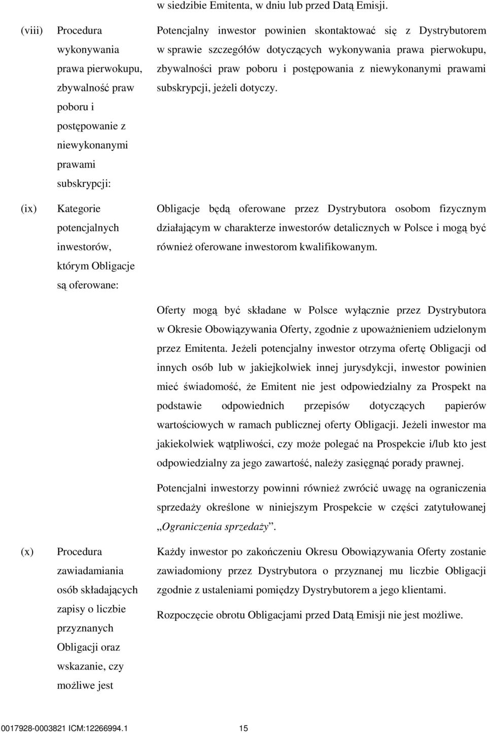 Potencjalny inwestor powinien skontaktować się z Dystrybutorem w sprawie szczegółów dotyczących wykonywania prawa pierwokupu, zbywalności praw poboru i postępowania z niewykonanymi prawami