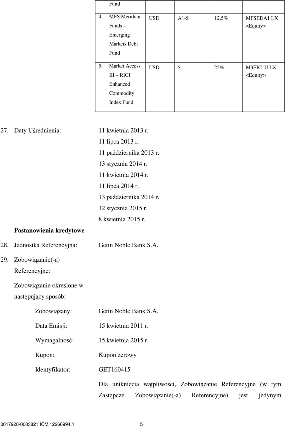 Postanowienia kredytowe 28. Jednostka Referencyjna: Getin Noble Bank S.A. 29. Zobowiązanie(-a) Referencyjne: Zobowiązanie określone w następujący sposób: Zobowiązany: Getin Noble Bank S.A. Data Emisji: 15 kwietnia 2011 r.