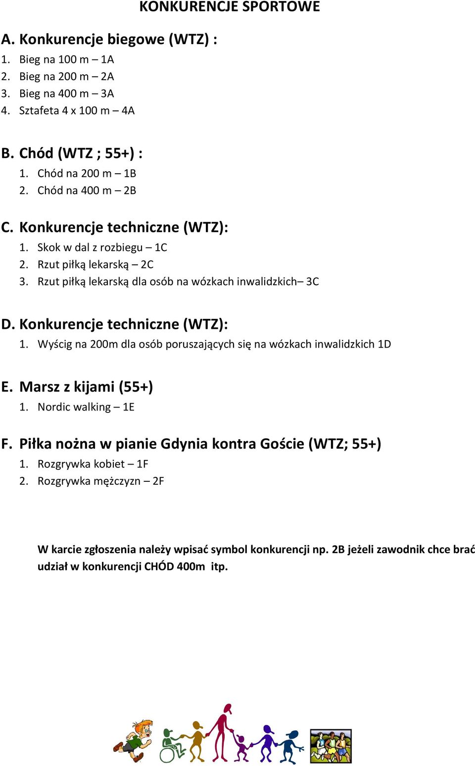 Rzut piłką lekarską dla osób na wózkach inwalidzkich 3C D. Konkurencje techniczne (WTZ): 1. Wyścig na 200m dla osób poruszających się na wózkach inwalidzkich 1D E.