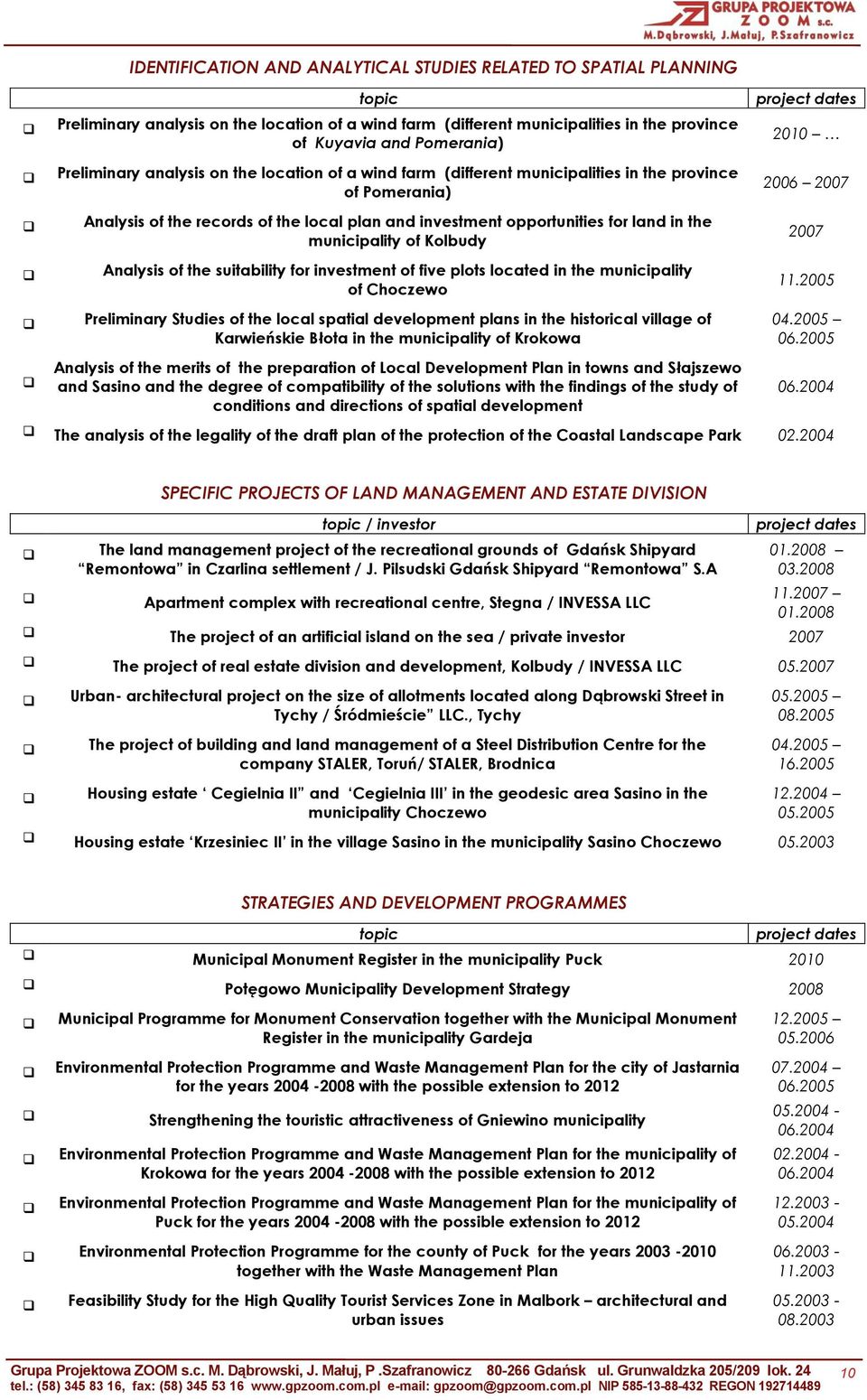 municipality of Kolbudy Analysis of the suitability for investment of five plots located in the municipality of Choczewo Preliminary Studies of the local spatial development plans in the historical