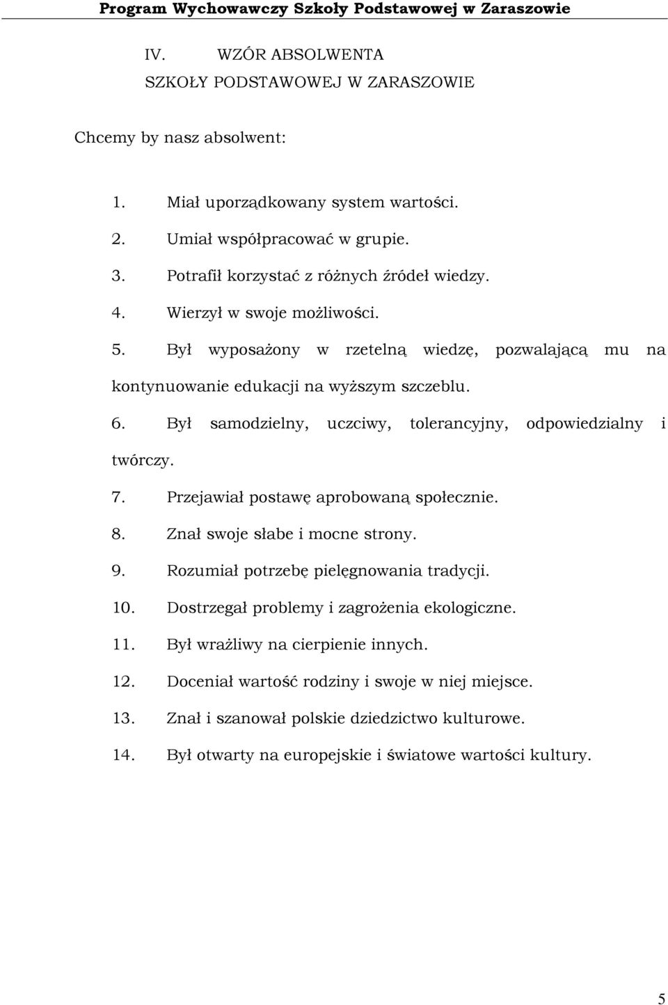 Był samodzielny, uczciwy, tolerancyjny, odpowiedzialny i twórczy. 7. Przejawiał postawę aprobowaną społecznie. 8. Znał swoje słabe i mocne strony. 9. Rozumiał potrzebę pielęgnowania tradycji.