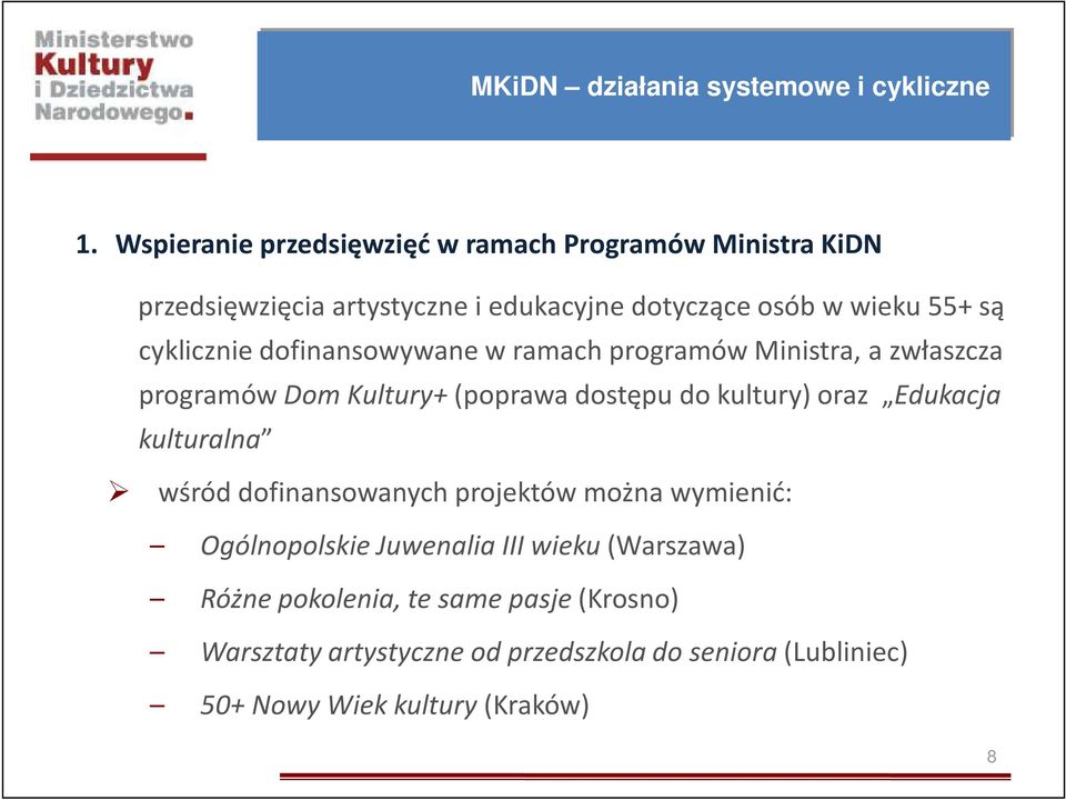 cyklicznie dofinansowywane w ramach programów Ministra, a zwłaszcza programów Dom Kultury+ (poprawa dostępu do kultury) oraz Edukacja