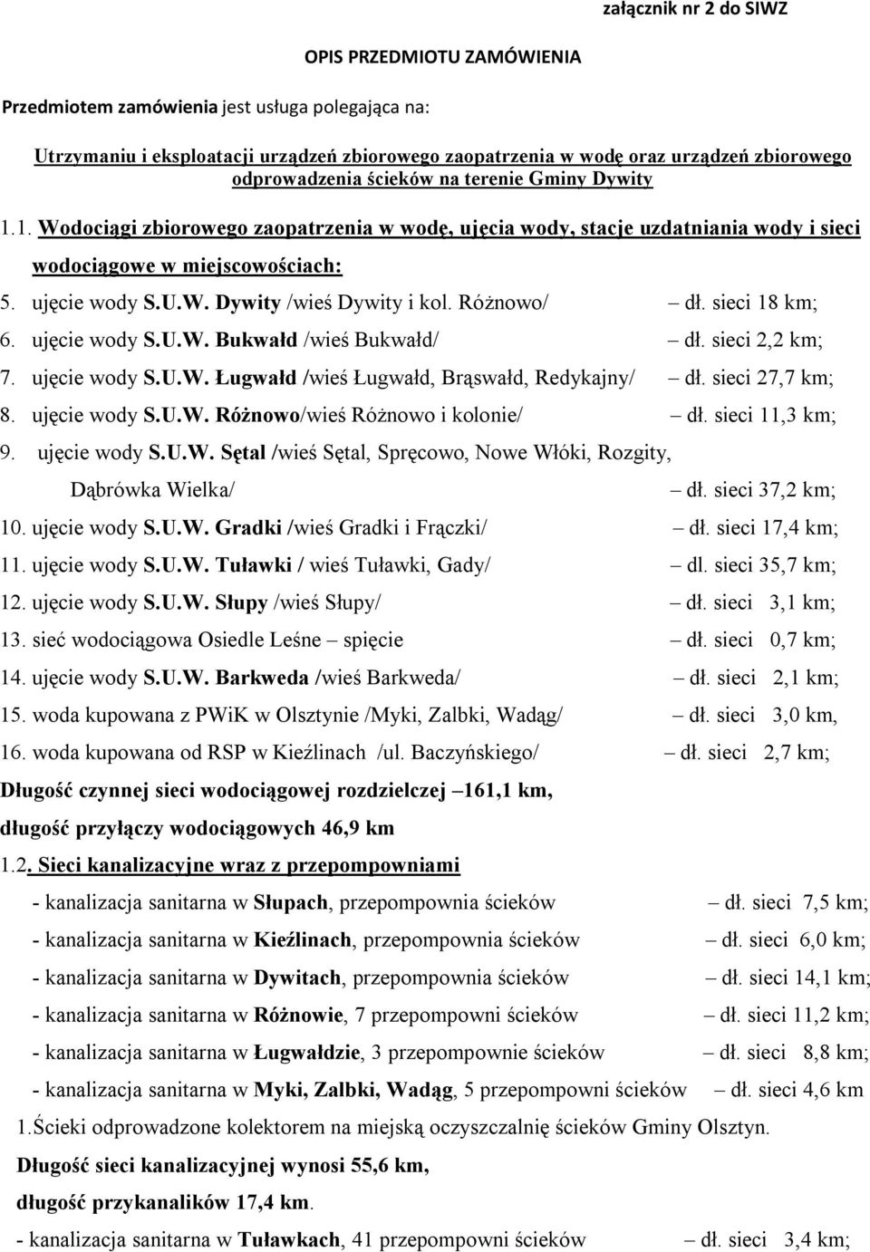 Różnowo/ dł. sieci 18 km; 6. ujęcie wody S.U.W. Bukwałd /wieś Bukwałd/ dł. sieci 2,2 km; 7. ujęcie wody S.U.W. Ługwałd /wieś Ługwałd, Brąswałd, Redykajny/ dł. sieci 27,7 km; 8. ujęcie wody S.U.W. Różnowo/wieś Różnowo i kolonie/ dł.