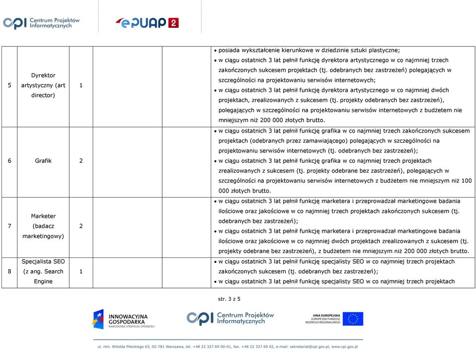 odebranych bez zastrzeżeń) polegających w szczególności na projektowaniu serwisów internetowych; w ciągu ostatnich 3 lat pełnił funkcję dyrektora artystycznego w co najmniej dwóch projektach,