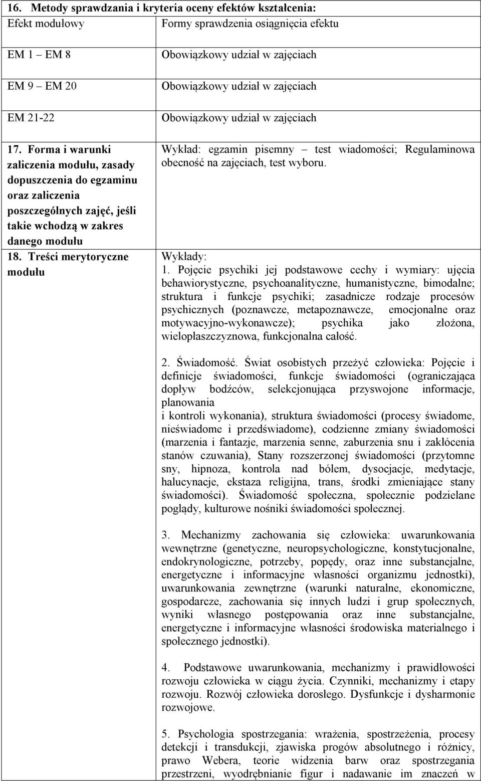 Treści merytoryczne modułu Wykład: egzamin pisemny test wiadomości; Regulaminowa obecność na zajęciach, test wyboru. Wykłady: 1.