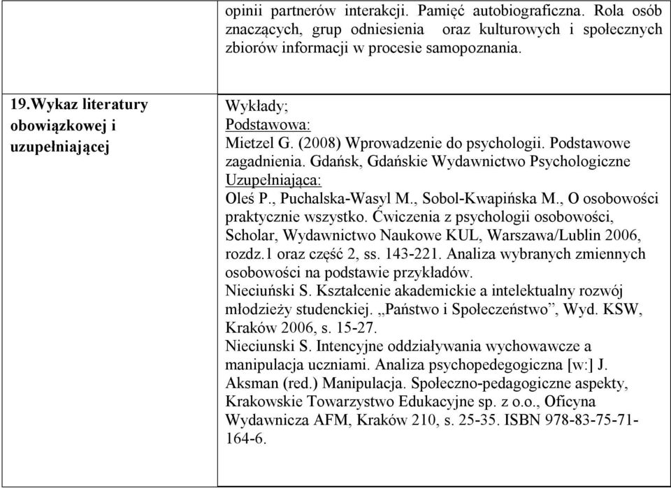 Gdańsk, Gdańskie Wydawnictwo Psychologiczne Uzupełniająca: Oleś P., Puchalska-Wasyl M., Sobol-Kwapińska M., O osobowości praktycznie wszystko.