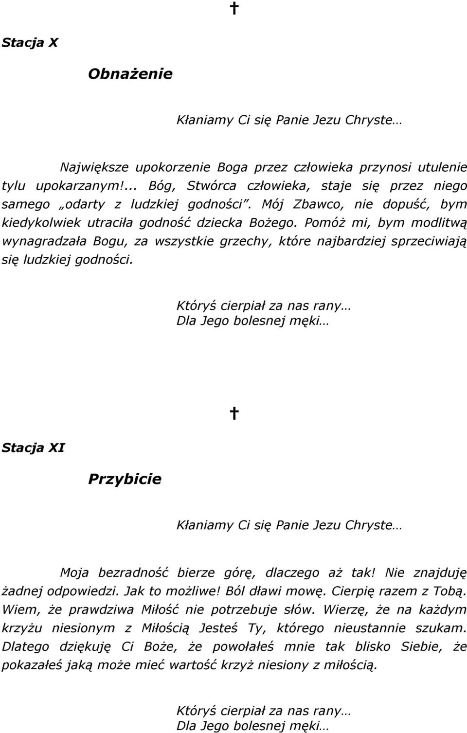 Stacja XI Przybicie Moja bezradność bierze górę, dlaczego aż tak! Nie znajduję żadnej odpowiedzi. Jak to możliwe! Ból dławi mowę. Cierpię razem z Tobą.