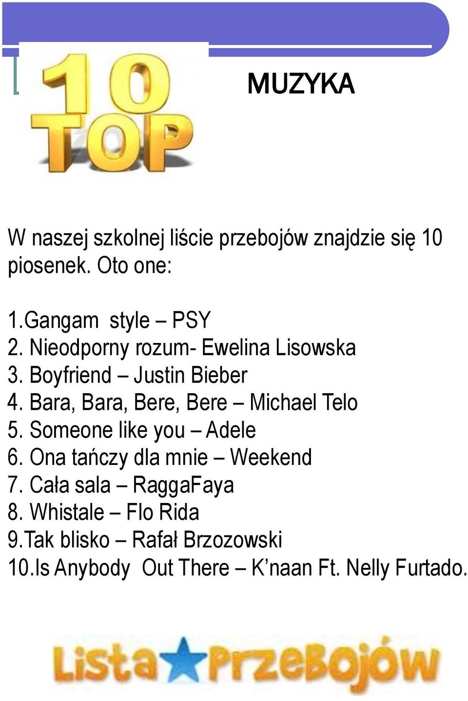 Bara, Bara, Bere, Bere Michael Telo 5. Someone like you Adele 6. Ona tańczy dla mnie Weekend 7.