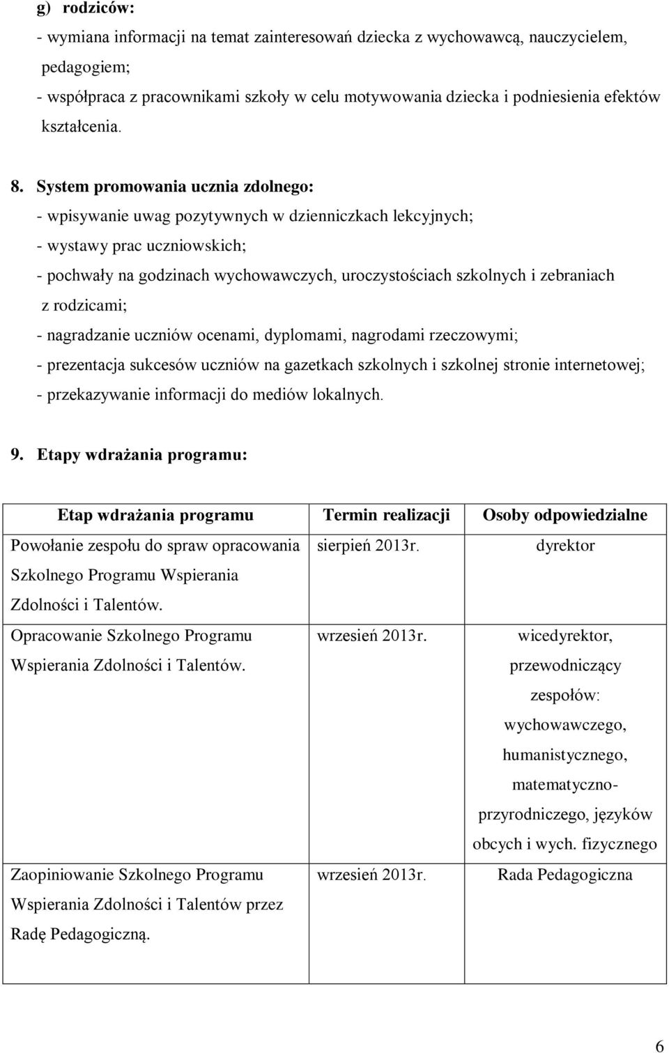 System promowania ucznia zdolnego: - wpisywanie uwag pozytywnych w dzienniczkach lekcyjnych; - wystawy prac uczniowskich; - pochwały na godzinach wychowawczych, uroczystościach szkolnych i zebraniach