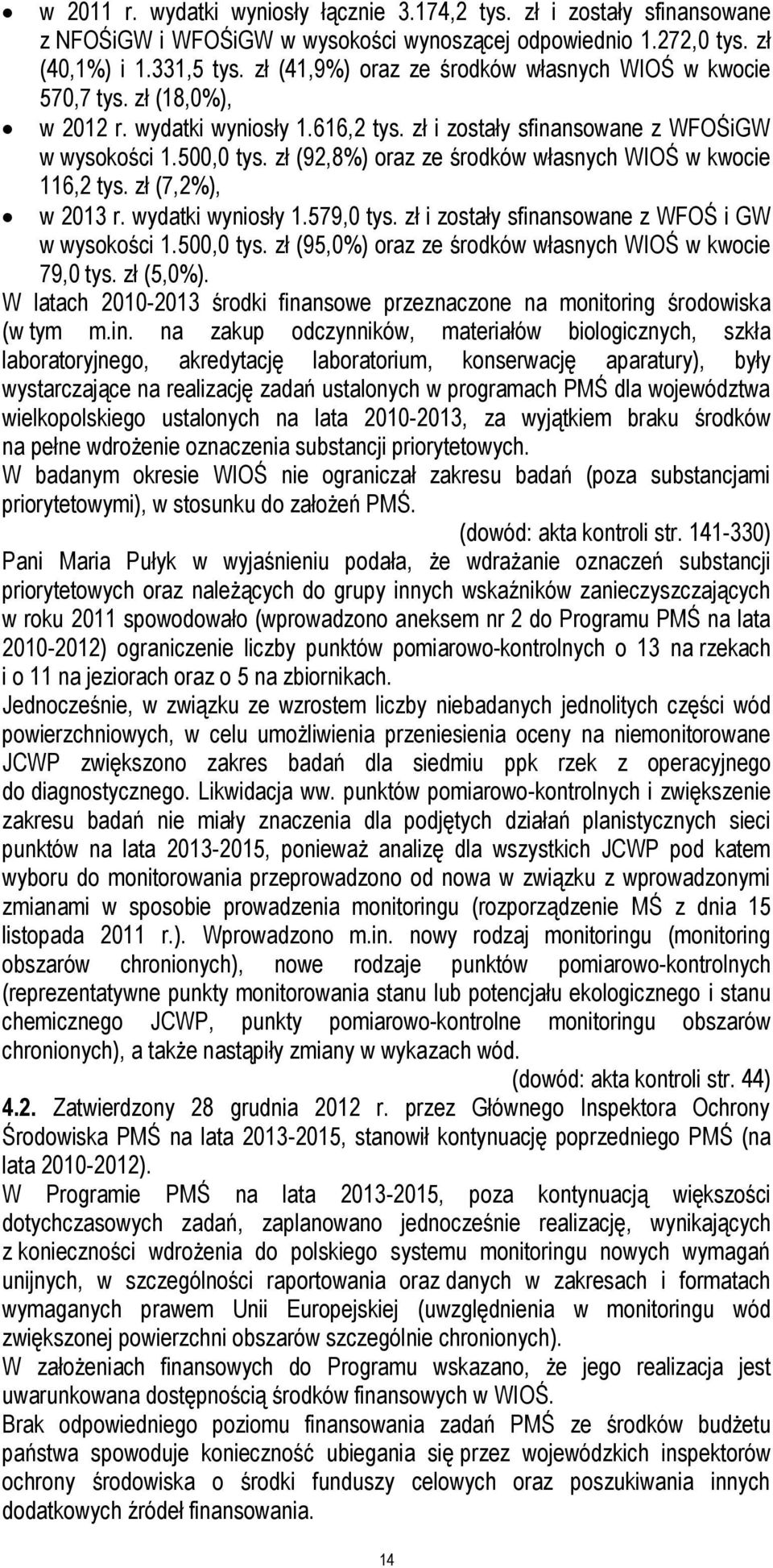 zł (92,8%) oraz ze środków własnych WIOŚ w kwocie 116,2 tys. zł (7,2%), w 2013 r. wydatki wyniosły 1.579,0 tys. zł i zostały sfinansowane z WFOŚ i GW w wysokości 1.500,0 tys.