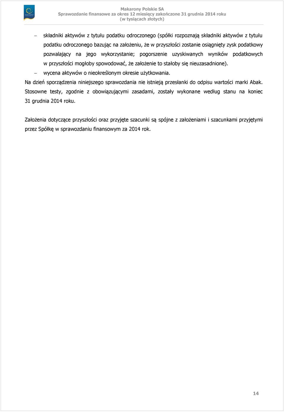 wycena aktywów o nieokreślonym okresie użytkowania. Na dzień sporządzenia niniejszego sprawozdania nie istnieją przesłanki do odpisu wartości marki Abak.