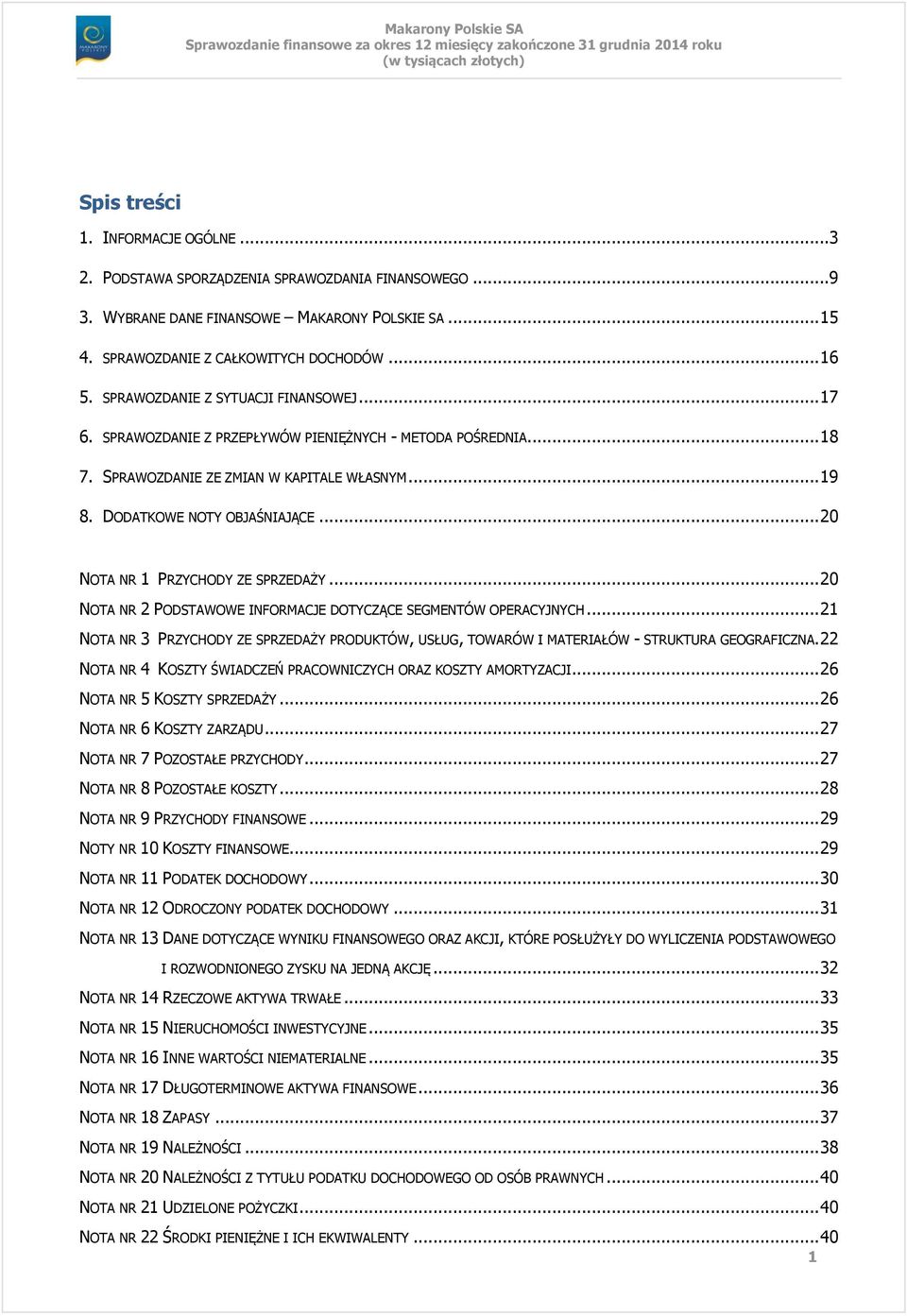 .. 20 NOTA NR 1 PRZYCHODY ZE SPRZEDAŻY... 20 NOTA NR 2 PODSTAWOWE INFORMACJE DOTYCZĄCE SEGMENTÓW OPERACYJNYCH.