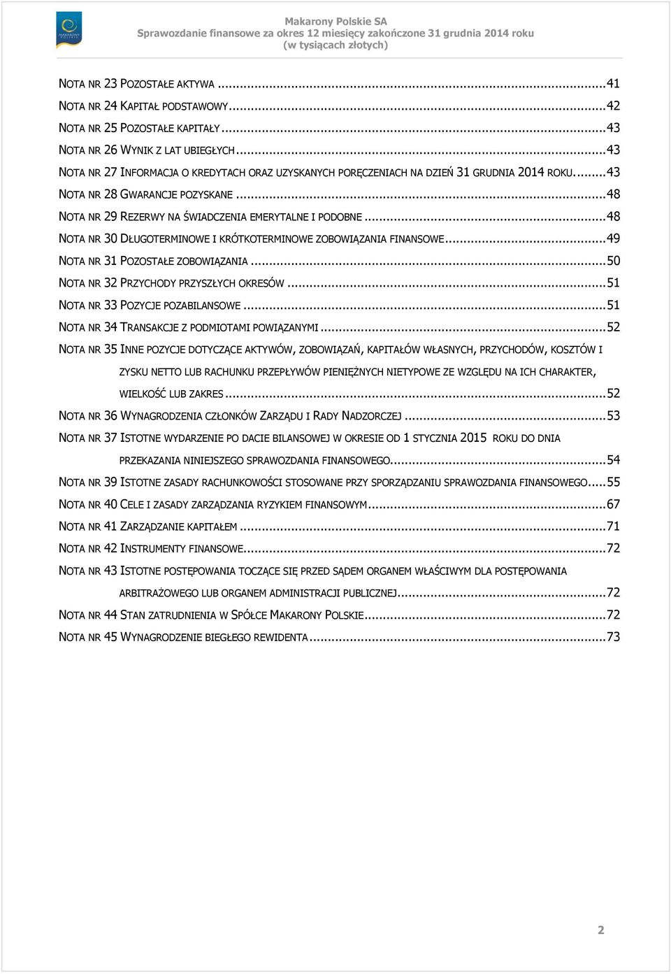 .. 48 NOTA NR 30 DŁUGOTERMINOWE I KRÓTKOTERMINOWE ZOBOWIĄZANIA FINANSOWE... 49 NOTA NR 31 POZOSTAŁE ZOBOWIĄZANIA... 50 NOTA NR 32 PRZYCHODY PRZYSZŁYCH OKRESÓW... 51 NOTA NR 33 POZYCJE POZABILANSOWE.
