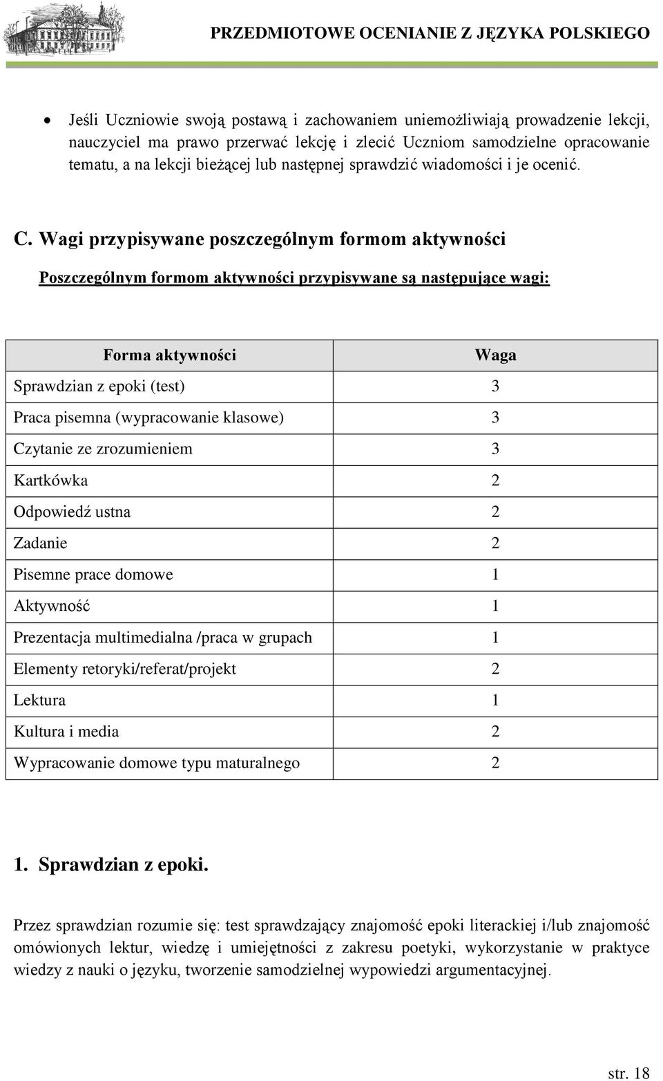 Wagi przypisywane poszczególnym formom aktywności Poszczególnym formom aktywności przypisywane są następujące wagi: Forma aktywności Waga Sprawdzian z epoki (test) 3 Praca pisemna (wypracowanie