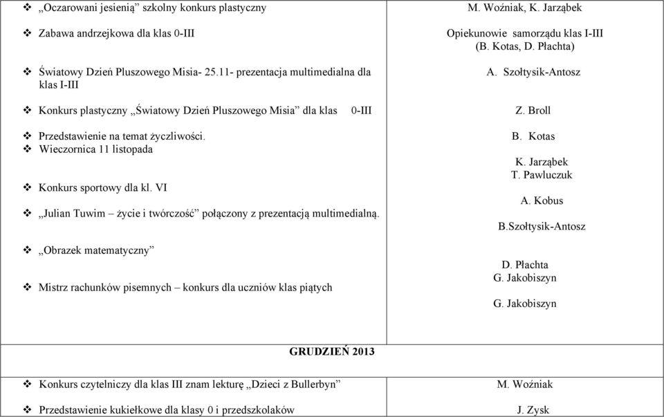 Wieczornica 11 listopada Konkurs sportowy dla kl. VI Julian Tuwim życie i twórczość połączony z prezentacją multimedialną.