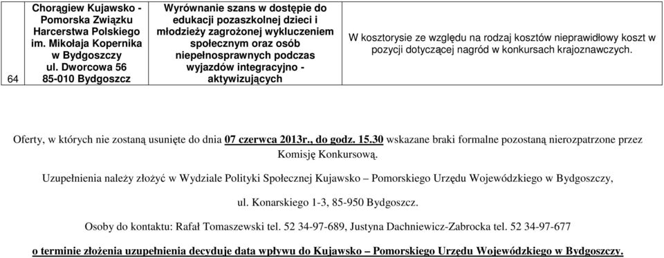 aktywizujących W kosztorysie ze względu na rodzaj kosztów nieprawidłowy koszt w pozycji dotyczącej nagród w konkursach krajoznawczych. Oferty, w których nie zostaną usunięte do dnia 07 czerwca 2013r.
