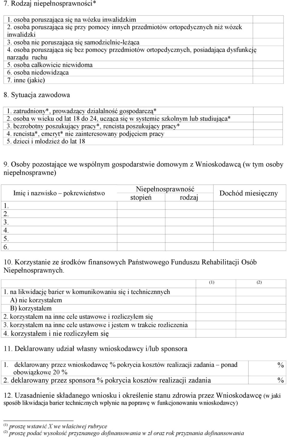 osoba niedowidząca 7. inne (jakie) 8. Sytuacja zawodowa 1. zatrudniony*, prowadzący działalność gospodarczą* 2. osoba w wieku od lat 18 do 24, ucząca się w systemie szkolnym lub studiująca* 3.