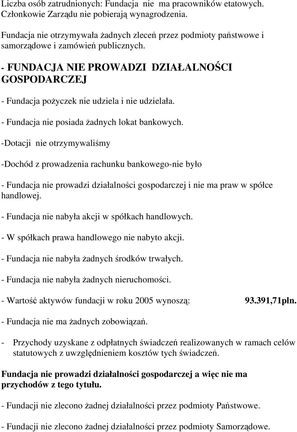 - FUNDACJA NIE PROWADZI DZIAŁALNOŚCI GOSPODARCZEJ - Fundacja pożyczek nie udziela i nie udzielała. - Fundacja nie posiada żadnych lokat bankowych.