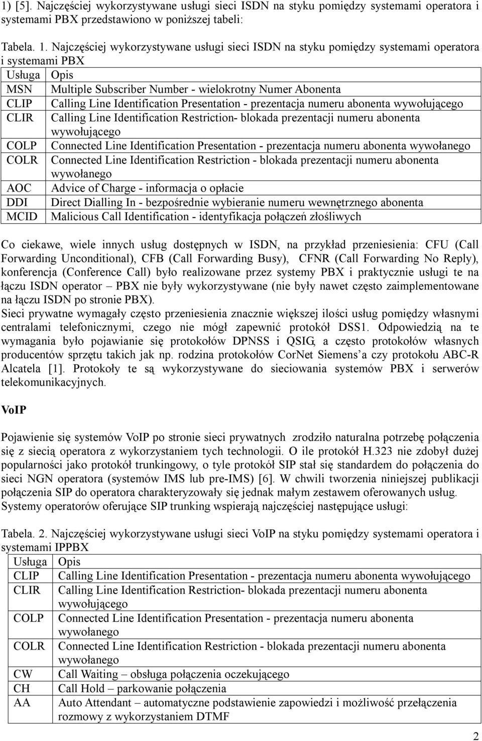 Identification Presentation - prezentacja numeru abonenta wywołującego CLIR Calling Line Identification Restriction- blokada prezentacji numeru abonenta wywołującego COLP Connected Line